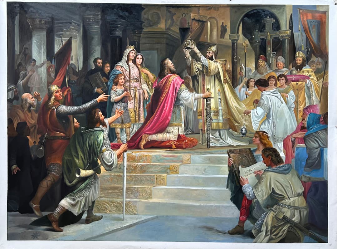 The Coronation of Charlemagne by Friedrich Kaulbach, Oil Painting Reproduction on Linen Canvas.