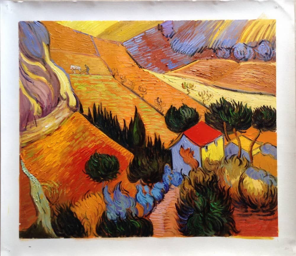 Landscape with House and Ploughman (1889) by Vincent van Gogh Hand-Painted Oil Reproduction on Linen