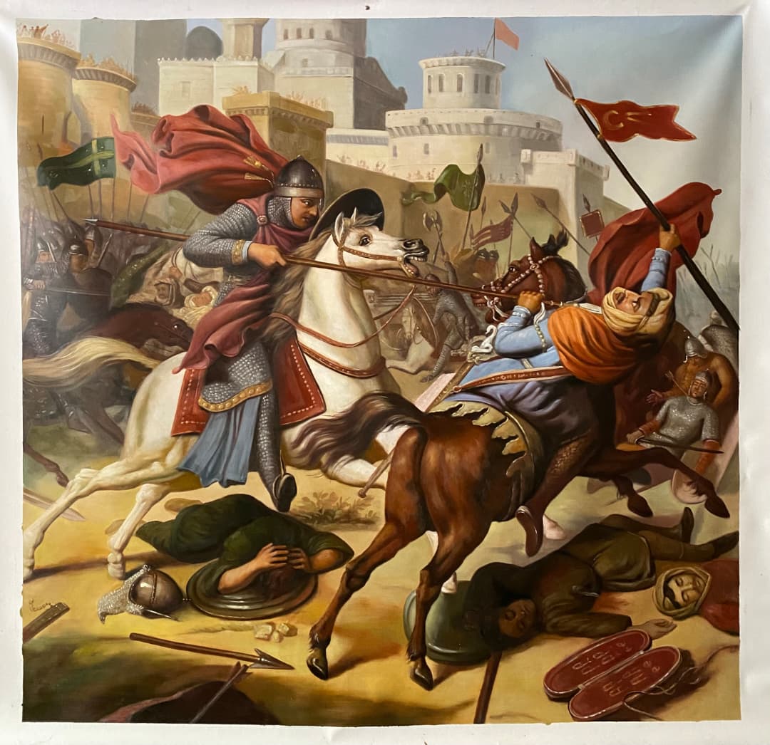 Combat de Robert, duc de Normandie, avec un guerrier sarrazin, 1098 by Jean-Joseph Dassy Hand-Painted Oil Reproduction on Linen